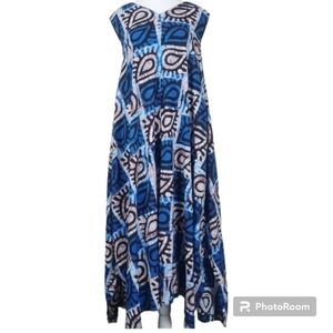 Blue Patterned V-Neck Maxi Dress